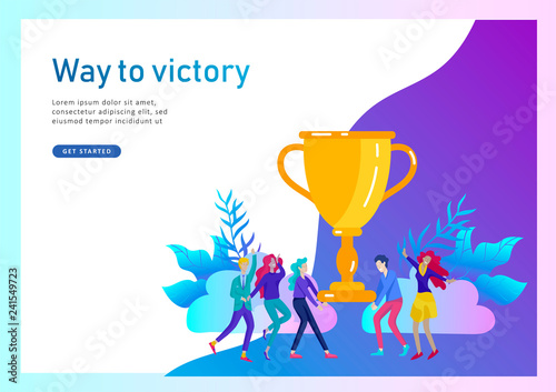 Business Team Success hold Golden winner cup, concept of people are happy with victory. Office Workers Celebrating with Big Trophy, ways goals, first place in business, financial growth. Landing page