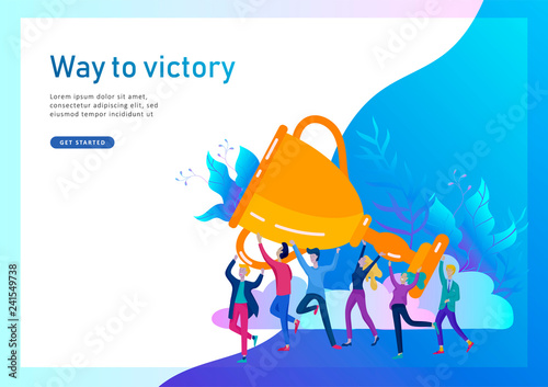 Business Team Success hold Golden winner cup, concept of people are happy with victory. Office Workers Celebrating with Big Trophy, ways goals, first place in business, financial growth. Landing page