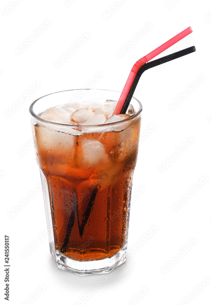 Glass of tasty soda with ice on white background Glass of tasty soda with ice on white background