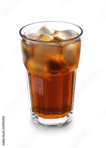 Glass of tasty soda with ice on white background