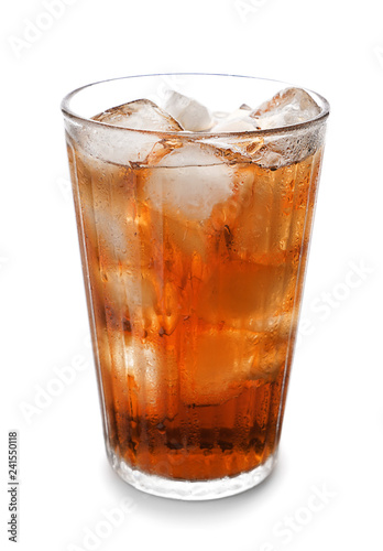 Glass of tasty soda with ice on white background