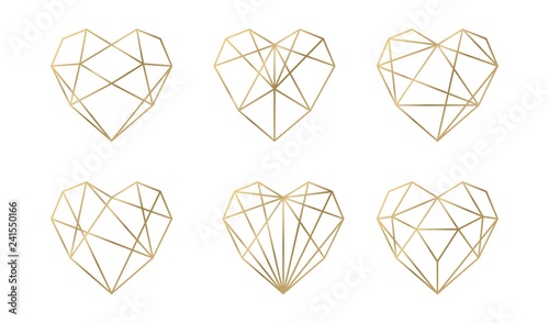 Luxury vector collection of polygonal hearts. Invitation template. Set geometric shape.