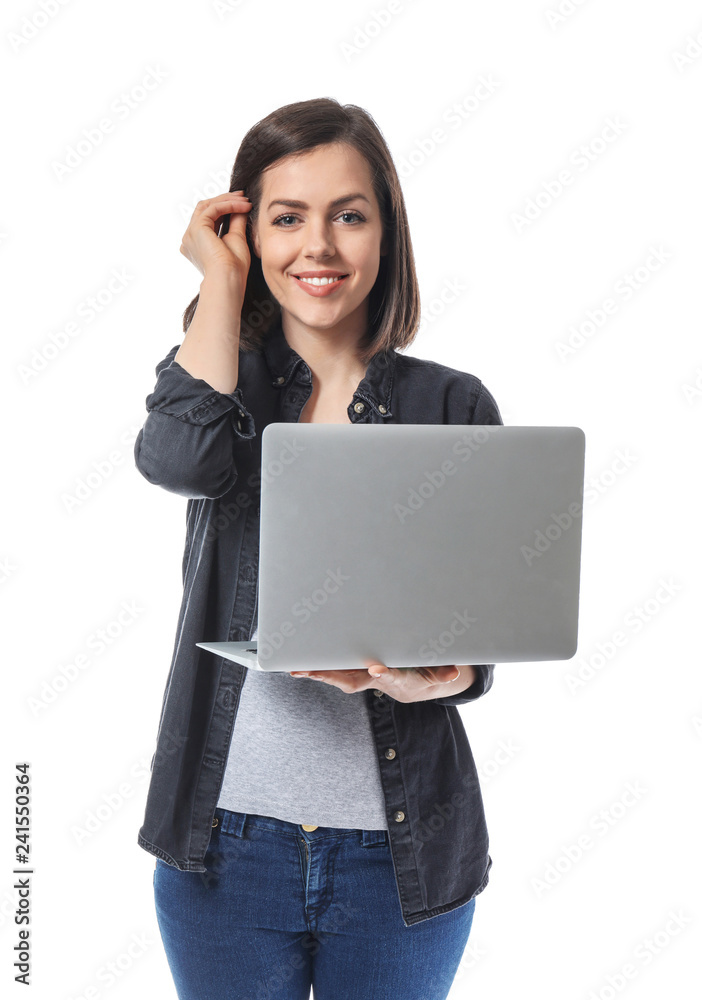 Young woman with laptop on white background Young woman with laptop on white background