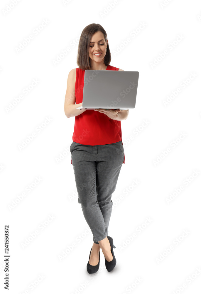Young woman with laptop on white background Young woman with laptop on white background