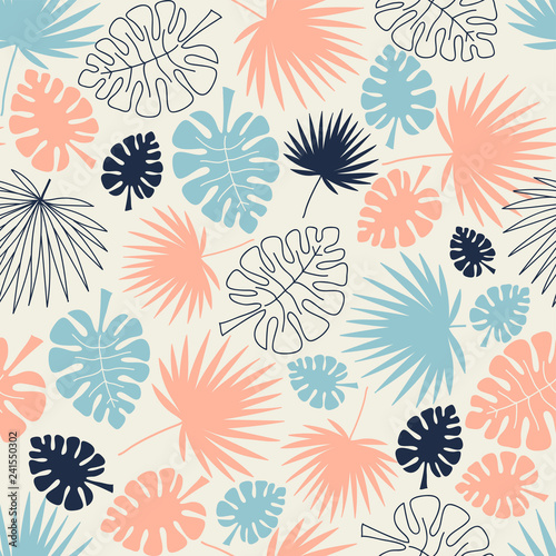 palm leaves tropical seamless background, leafy summer kids and nursery fabric textile print