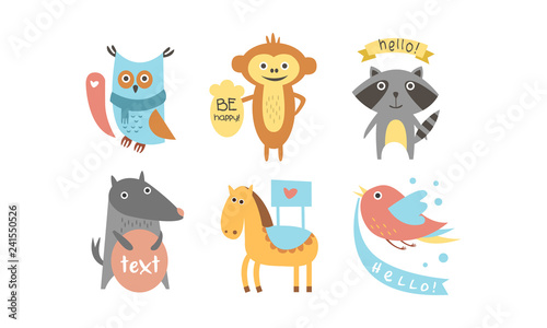 Cute animals with banners set, owl, raccoon, monkey, wolf, horse, bird holding signboards with text, design elelment for greeting card, print, poster, banner vector Illustration