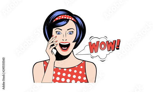 Beautiful surprised woman saying WOW, excited girl in retro pop art style vector Illustration on a white background