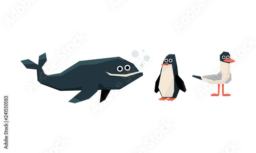 Collection of cute geometric marine animals and birds, whale, penguin, seagull vector Illustration on a white background