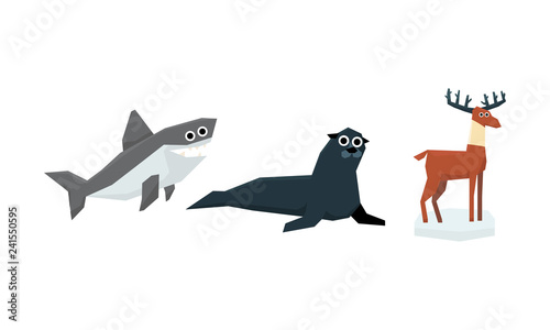 Collection of cute geometric animals, shark, fur seal, elk vector Illustration