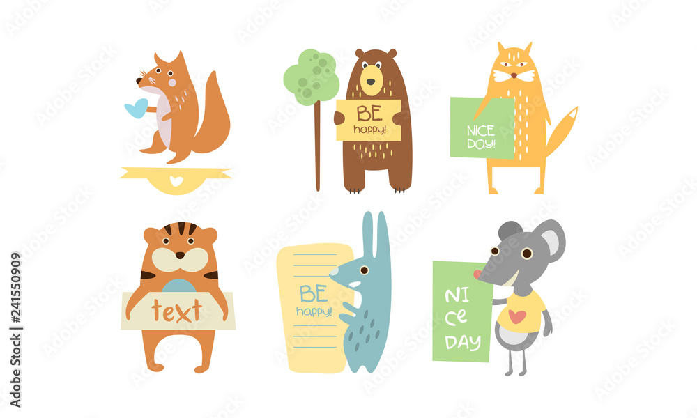 Fototapeta premium Lovely animals with banners set, cute fox, bear, cat, tiger, rabbit, mouse holding signboards with text, design elelment for greeting card, print, poster, banner vector Illustration