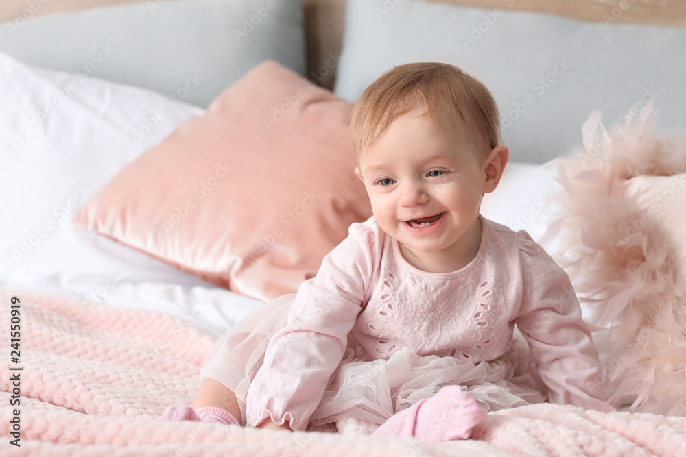 Portrait of cute little baby on bed at home Portrait of cute little baby on bed at home