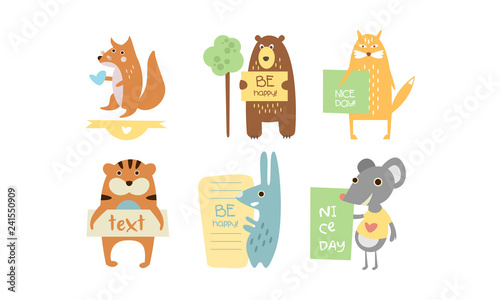 Fototapeta Naklejka Na Ścianę i Meble -  Lovely animals with banners set, cute fox, bear, cat, tiger, rabbit, mouse holding signboards with text, design elelment for greeting card, print, poster, banner vector Illustration