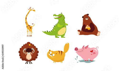 Cute funny animals set, giraffe, crocodile, bear, sheep, cat, pig vector Illustration