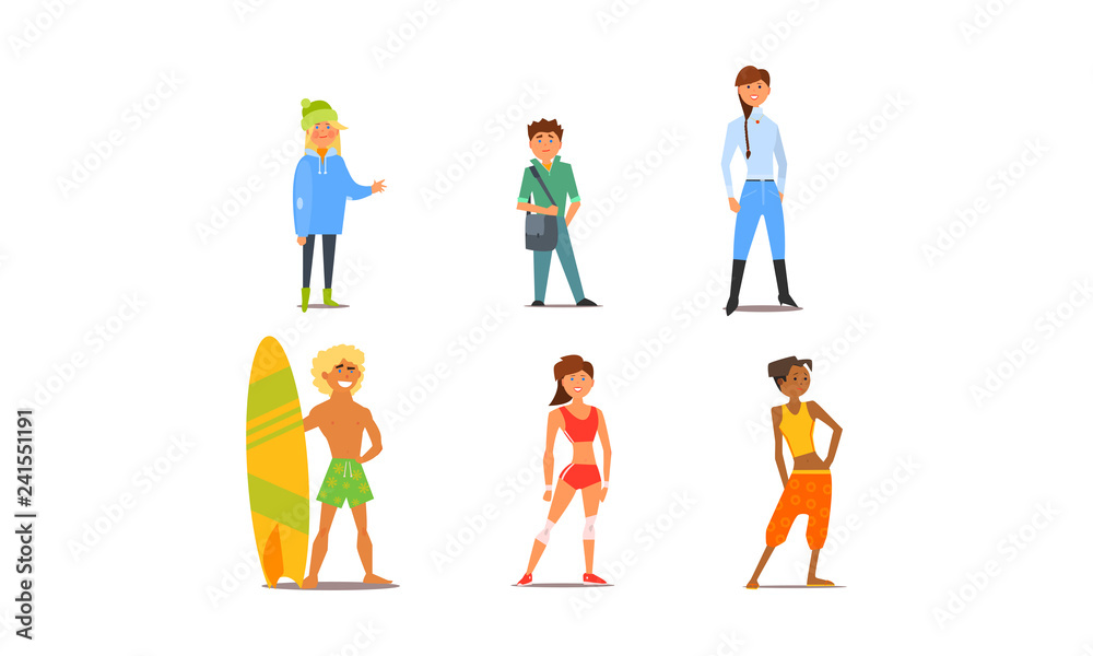 Different people, young and adult men and women characters of different appearance and hobbies vector Illustration