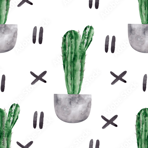 Watercolorseamless pattern  with green cactus and flower photo