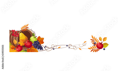 Thanksgiving banner with cornucopia and space for text, autumn fruits and leaves vector Illustration
