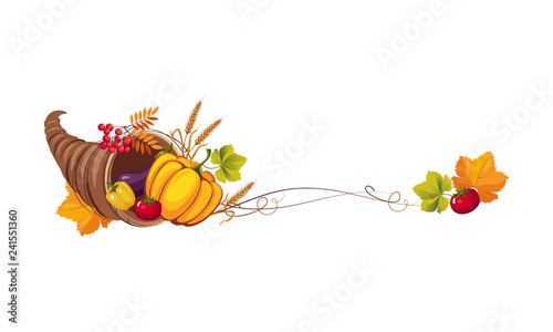 Thanksgiving banner with cornucopia and space for text, autumn vegetables and leaves vector Illustration photo