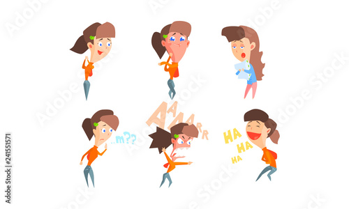 Girl showing different emotions set, girl with different facial expressions and poses vector Illustration