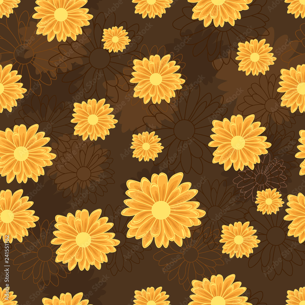 Seamless pattern with golden daisy flowers on brown background