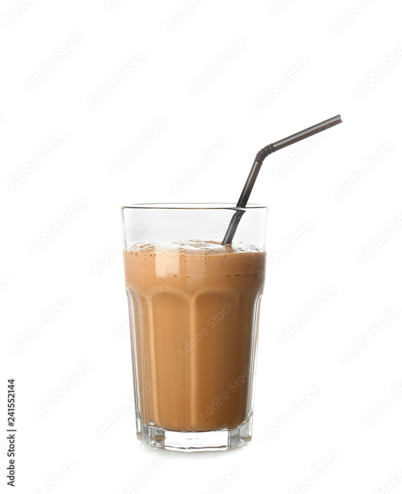 Glass of tasty coffee milkshake on white background