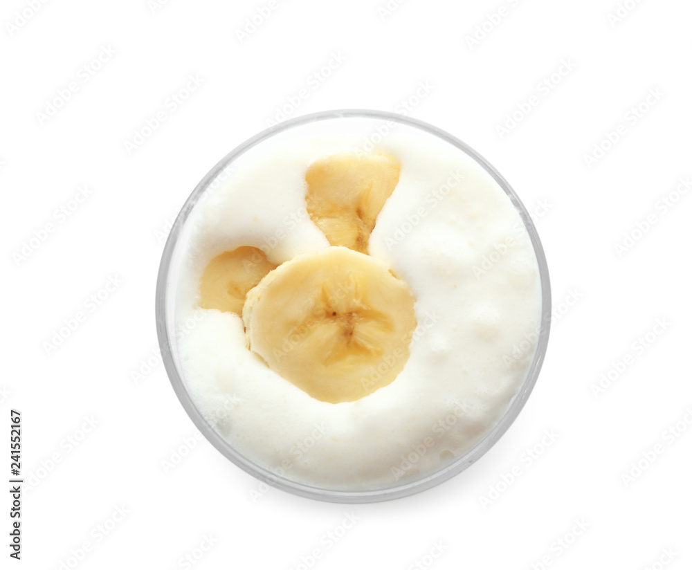 Glass of tasty banana milkshake on white background Glass of tasty banana milkshake on white background
