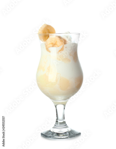 Glass of tasty banana milkshake on white background