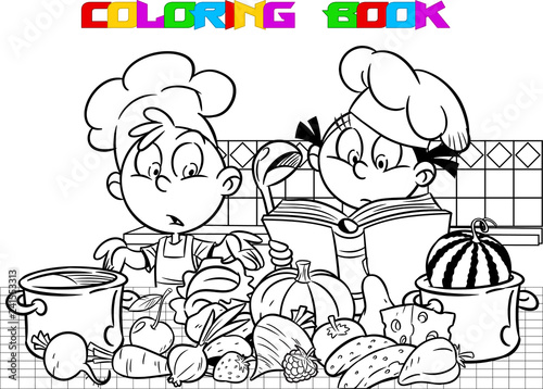 The vector illustration shows how funny children cook food in the kitchen. Boy and girl want to learns how to cook vegetables and reads a cookbook with recipes. Done in the black white outline.