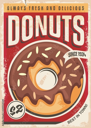 Donuts promotional retro poster design. Vector ad template for bakery shop. Food theme.