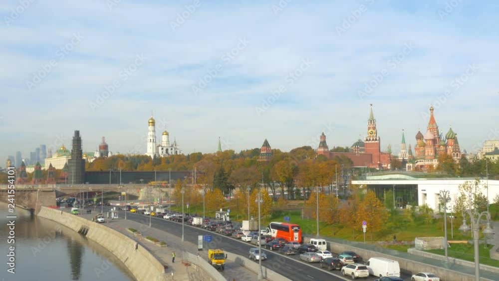 Moscow Kremlin, Moscow river embankment, and car traffic Moscow Kremlin, Moscow river embankment, and car traffic