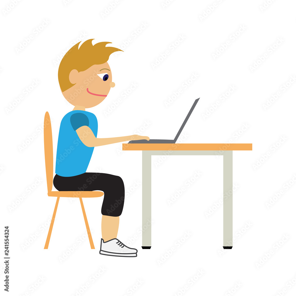 Young man working on the computer. Flat vector illustration in cartoon style.