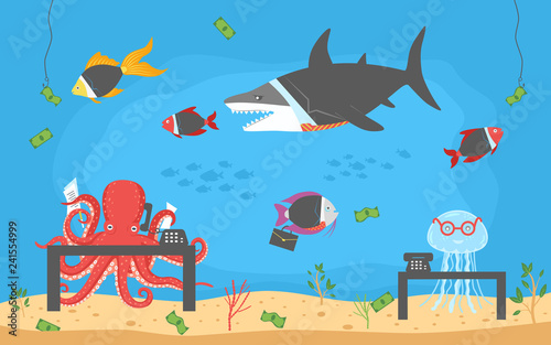 Funny cartoon background of office corporate life with fishes in suits and other sea animals. Color vector illustration