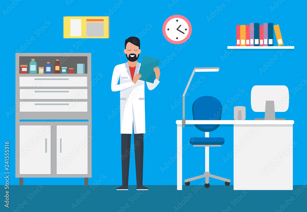 Veterinary Clinic, Doctor in Gown Examining Case Veterinary Clinic, Doctor in Gown Examining Case