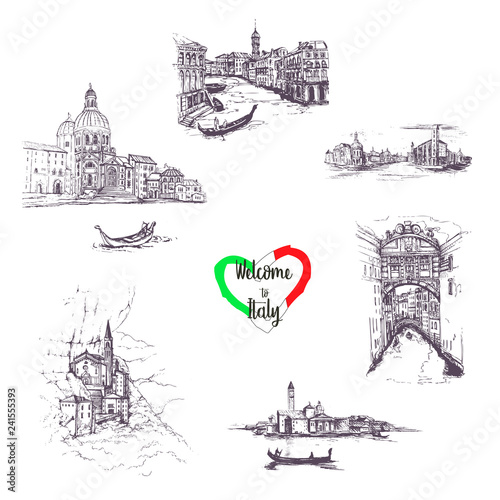 Welcome to Italy symbols set.Set of Italy landmarks,travel .Hand drawn set with Grand Canal,Santa Maria Cathedral,Bridge of Sighs .Vector illustration Venice,Garda.Italy Sketch Set.Europe.