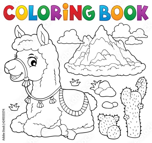 Coloring book llama near mountain