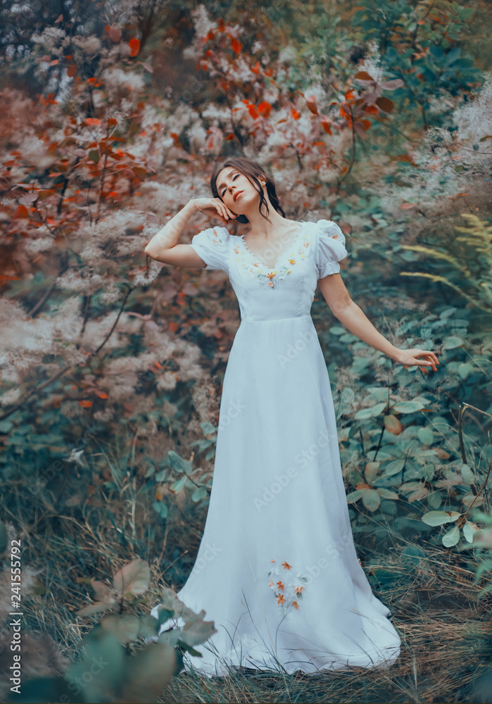 mysterious lady alone in colorful fairy forest, dancing with her eyes closed, raising her hand to her cheek, dark-haired fairy in a long white vintage dress in floral patterns, curls fall on her face