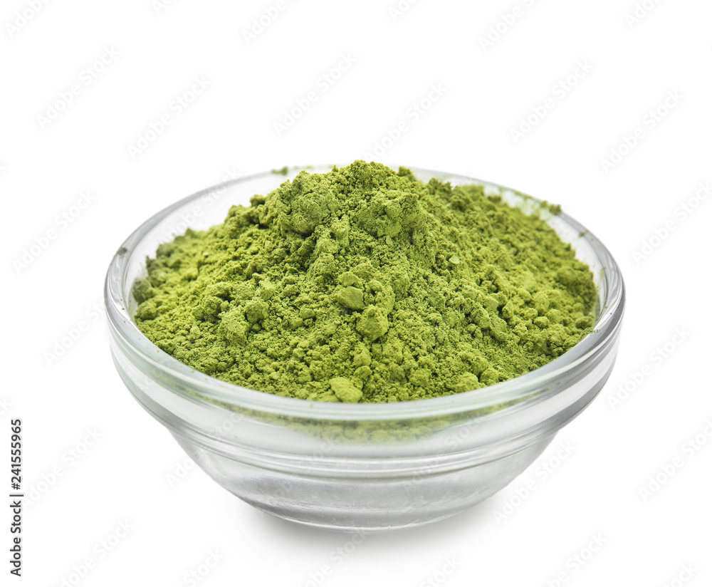 Bowl with powdered matcha tea on white background Bowl with powdered matcha tea on white background
