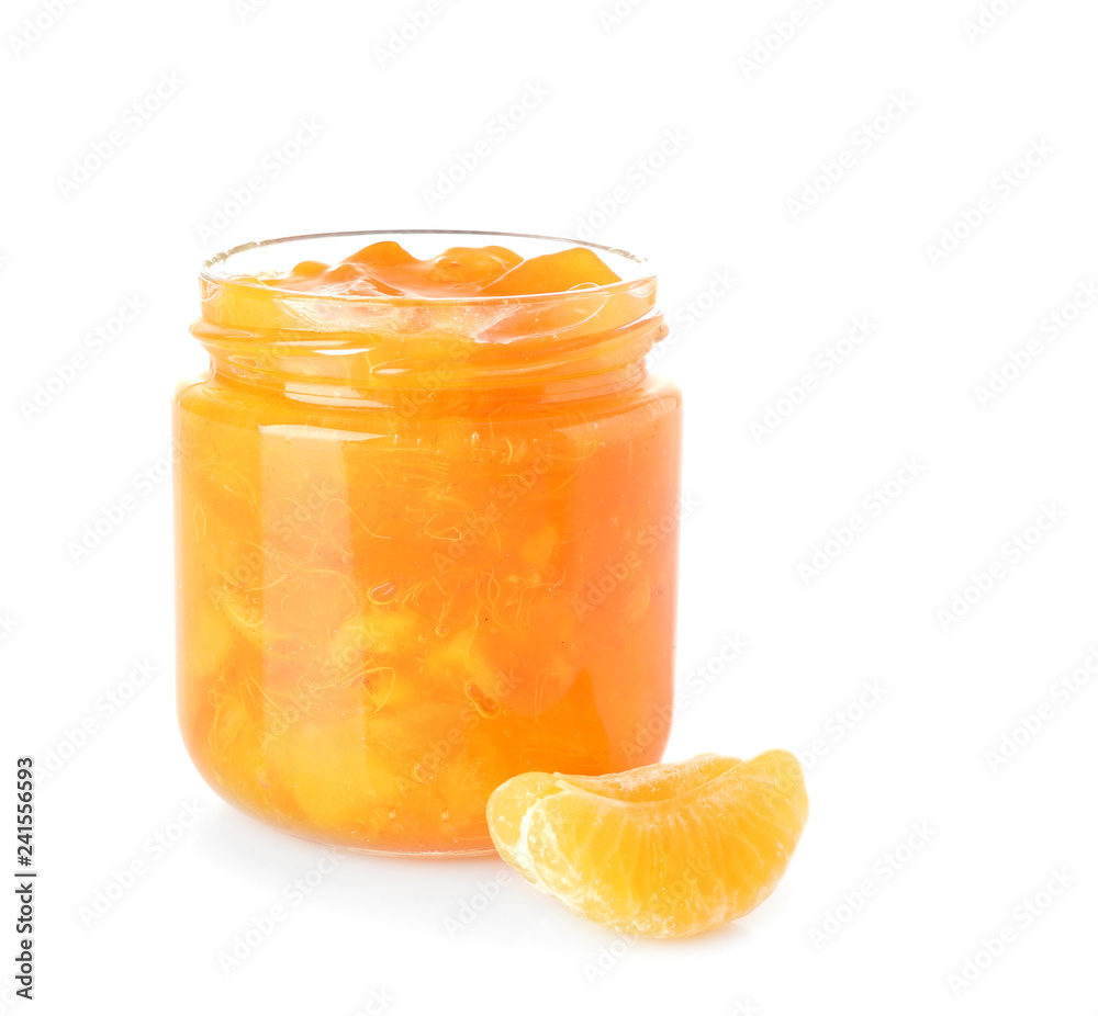 Jar of tasty tangerine jam on white background Jar of tasty tangerine jam on white background