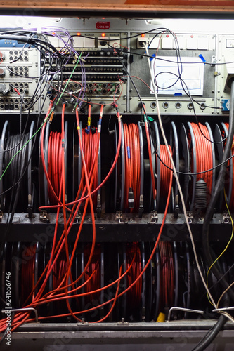 Cables and control panel of a television broadcast truck