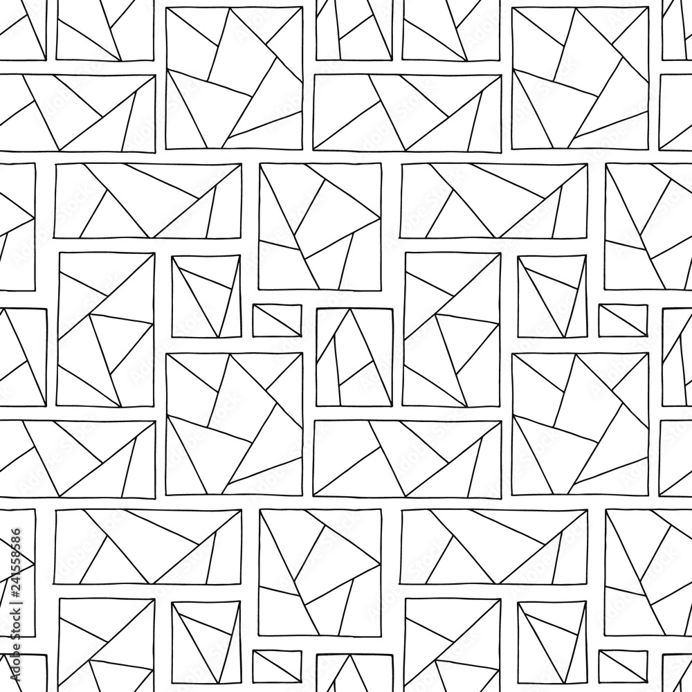 Seamless vector pattern. Black and white geometrical hand drawn background with rectangles, squares, triangles. Print for background, wallpaper, packaging, wrapping, fabric. Triangular graphic design. Seamless vector pattern. Black and white geometrical hand drawn background with rectangles, squares, triangles. Print for background, wallpaper, packaging, wrapping, fabric. Triangular graphic design.