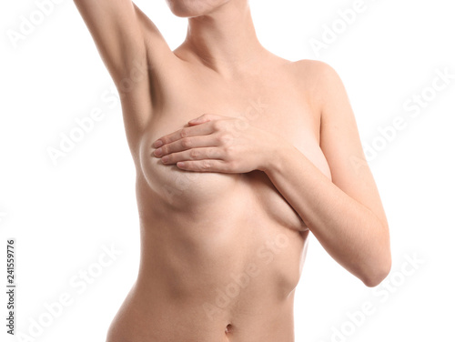 Fotografia, Obraz Young woman with beautiful breast on white background