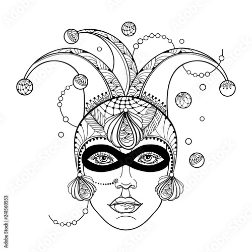 Vector girl face in outline clown or harlequin cap, mask, peacock feathers and beads in black isolated on white background. Design for masquerade, Mardi Gras party and coloring book in contour. 