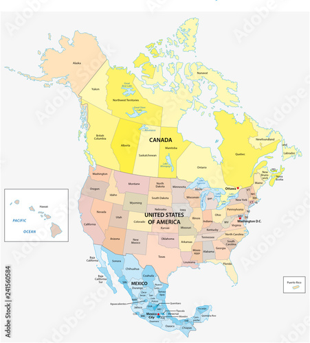 Administrative and political vector map of the three North American states, Mexico, Canada and the United States of America