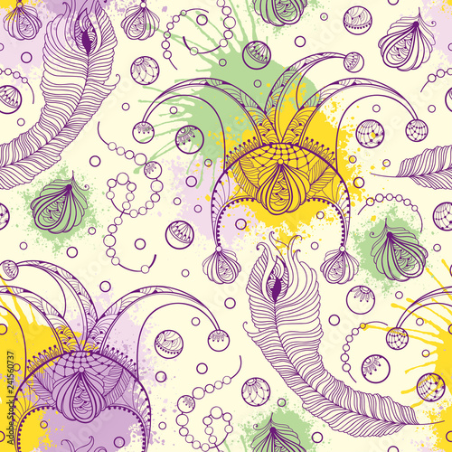 Vector seamless pattern with outline clown or harlequin cap, peacock feather and ornate beads in pastel colored on the white background. Traditional symbols of Mardi Gras masquerade in contour style.