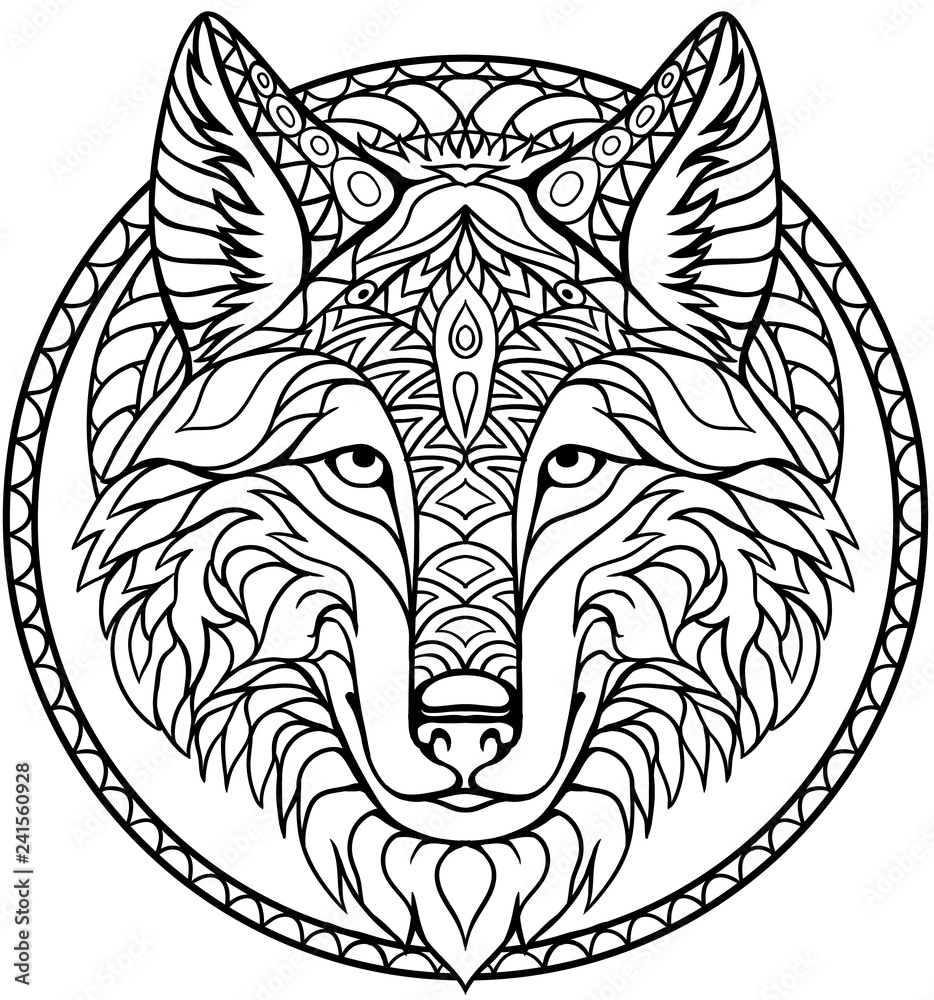 Doodle wolf coloring book outline drawing in vector Stock Vector