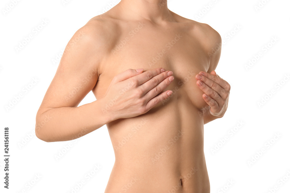 Naked woman on white background. Concept of breast augmentation Naked woman on white background. Concept of breast augmentation