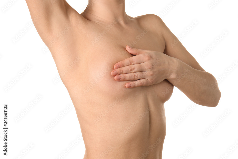 Naked woman on white background. Concept of breast augmentation