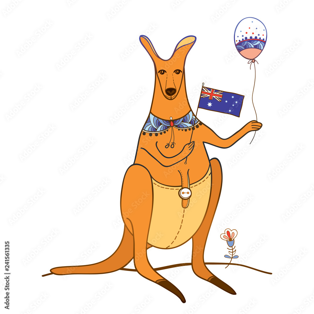 Vector outline orange kangaroo with Australian flag and three balloons in  red and blue isolated on white background. National symbols for Happy  Australia day in contour style for greeting design. Stock Vector |
