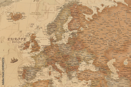 Ancient geographic map of Europe with names of the countries