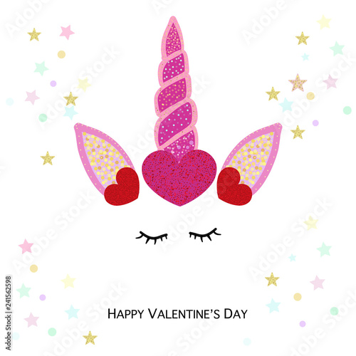 Happy Valentine's day greeting card with unicorn. Magical unicorn birthday invitation with shining hearts © Gulsen Gunel