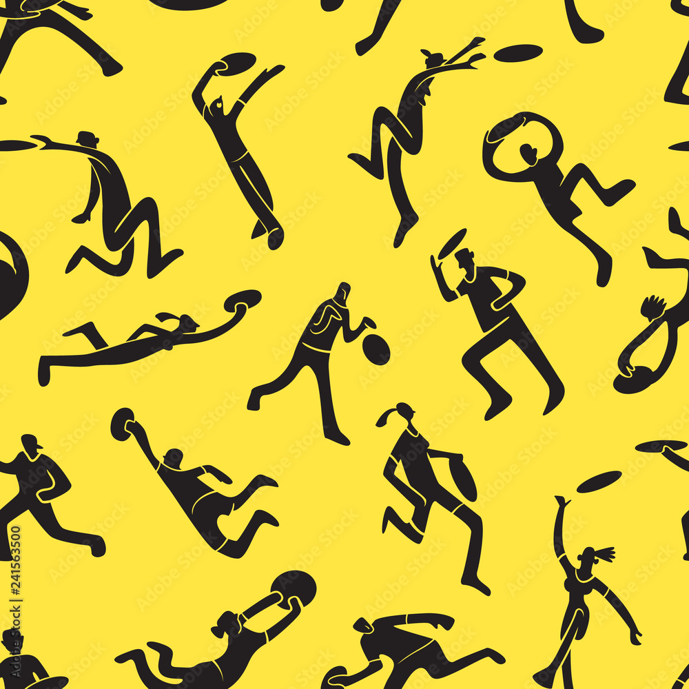 Background with Ultimate players. Seamless pattern with Boy and girl catching flying disc Background with Ultimate players. Seamless pattern with Boy and girl catching flying disc